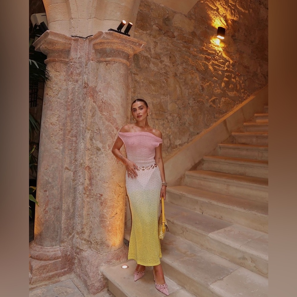 ASOS DESIGN ultimate embellished crochet maxi dress in pink and lemon ombré